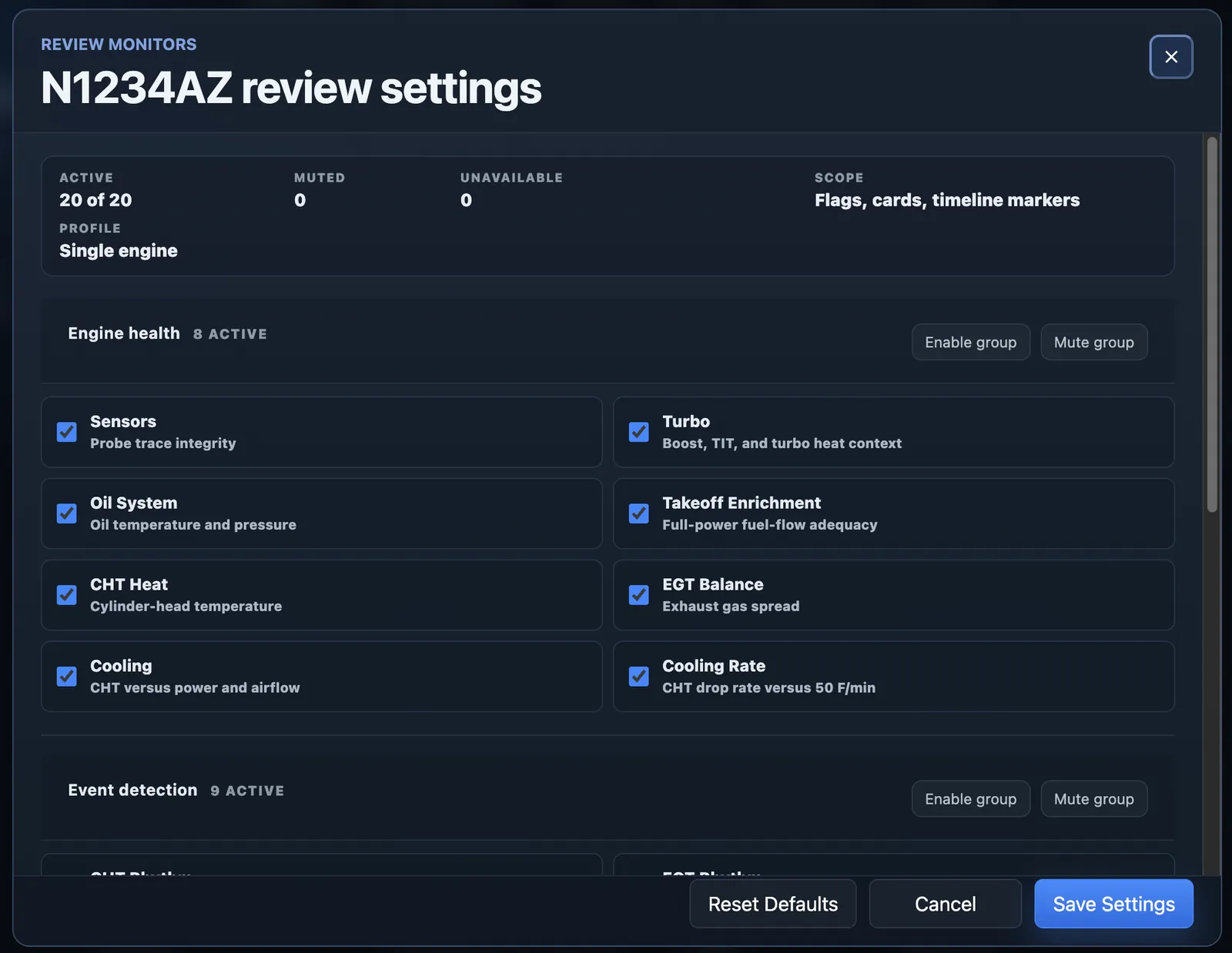 Review settings panel showing active monitor groups for a single-engine aircraft